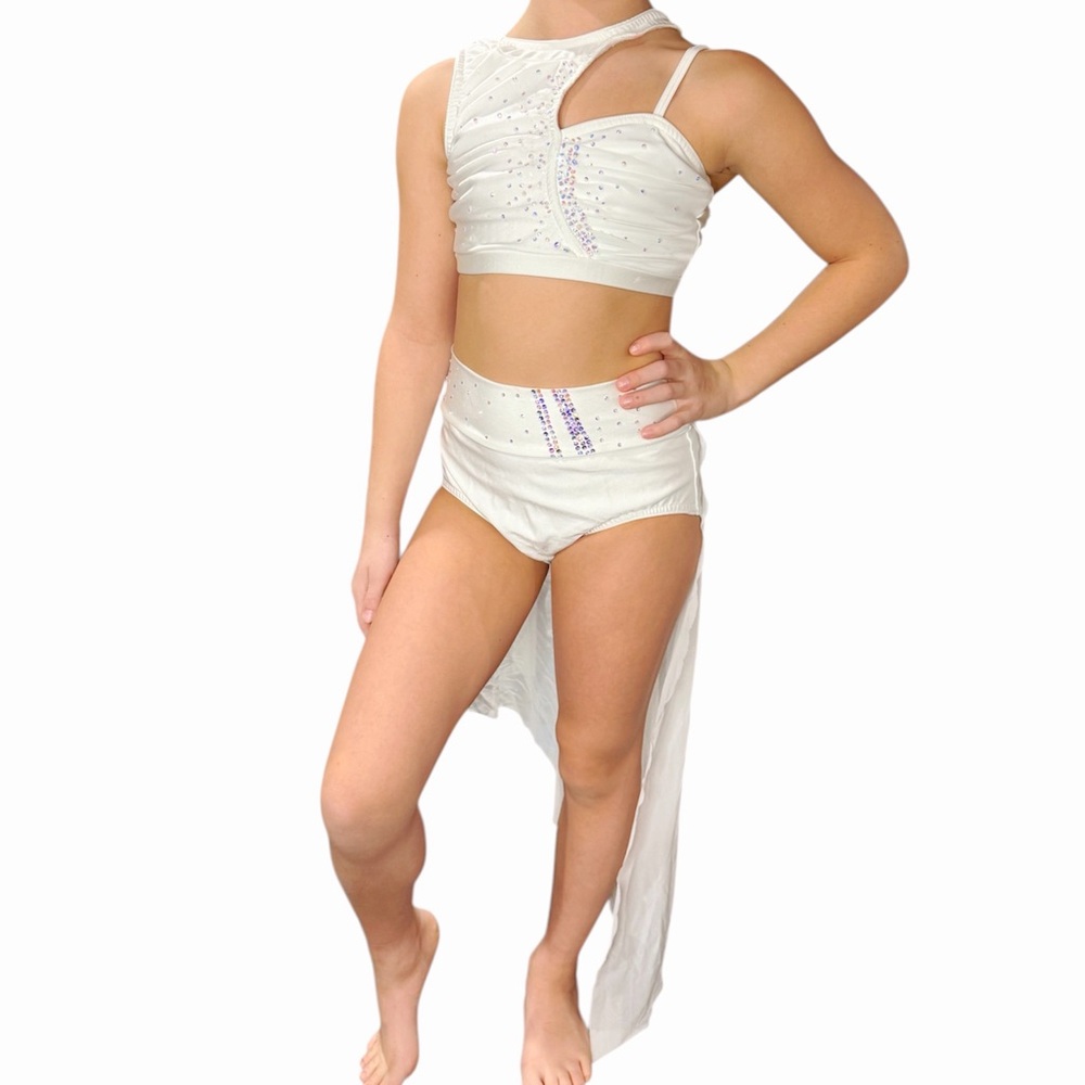 Reverence Dancewear | Two Piece Asymmetrical Crop Top and Brief Drape White, AXS